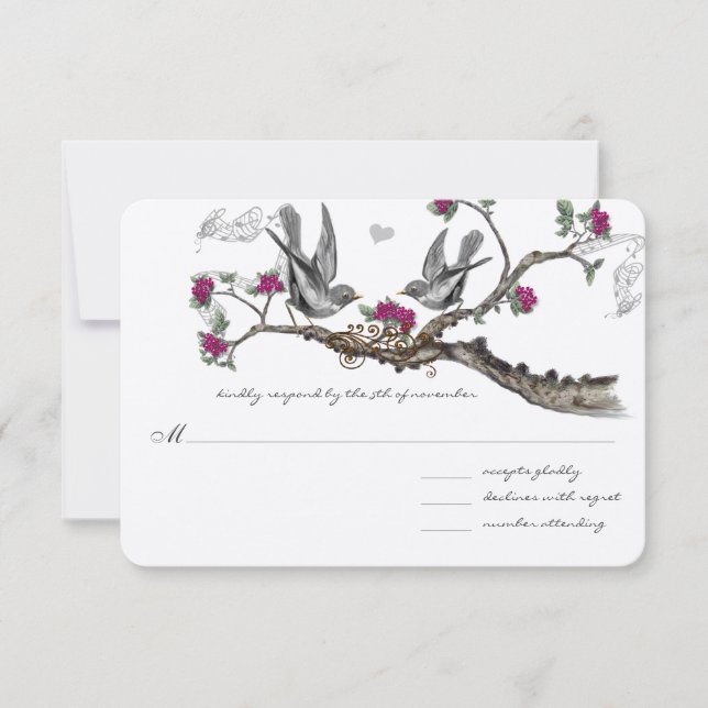 Fuchsia & Grey Vintage Birds Wedding Invitations (Front)