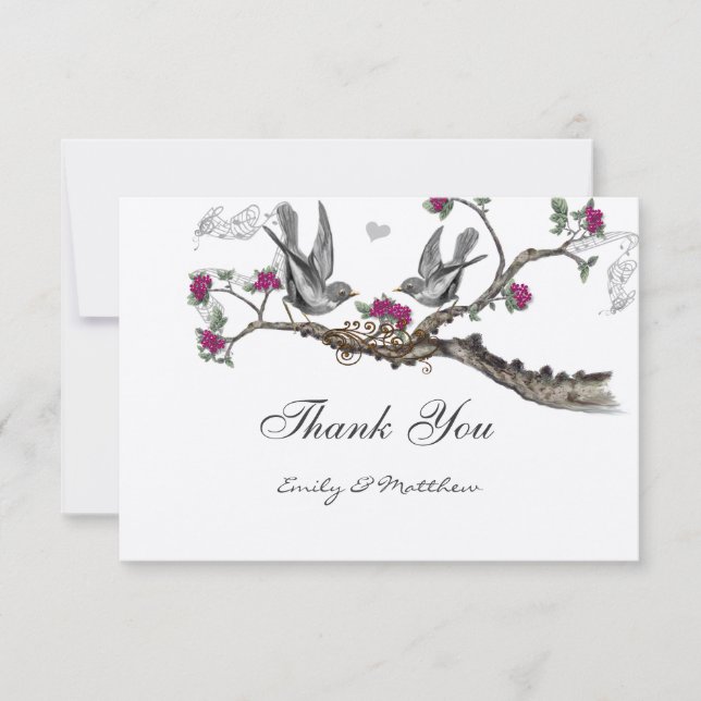 Fuchsia & Grey Vintage Birds Wedding Invitations (Front)
