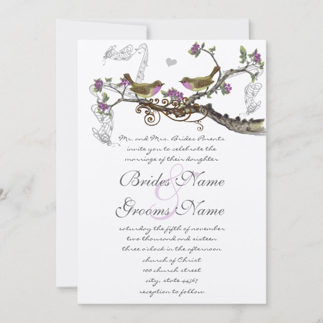Fuchsia & Grey Vintage Birds Wedding Invite (Front)