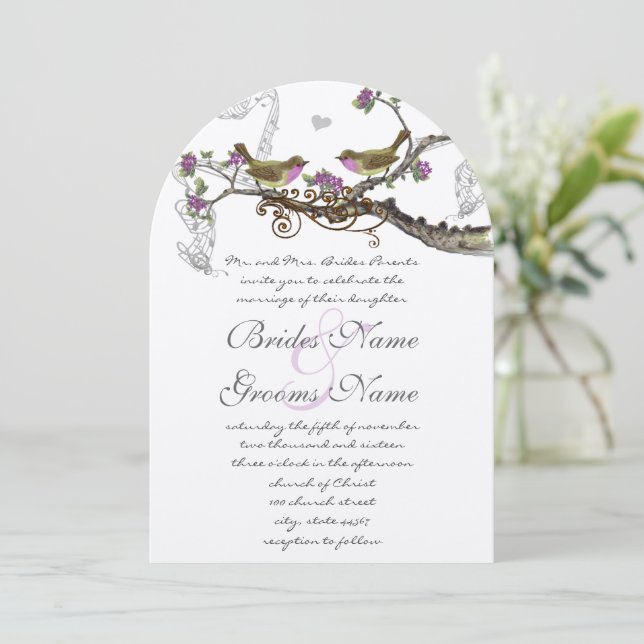 Fuchsia & Grey Vintage Birds Wedding Invite (Standing Front)
