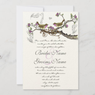 Fuchsia & Grey Vintage Birds Wedding Invite