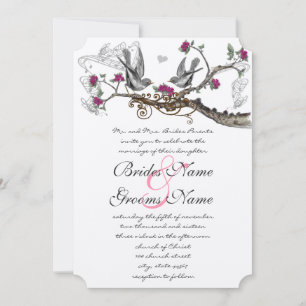 Fuchsia & Grey Vintage Birds Wedding Invite
