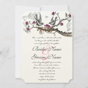 Fuchsia & Grey Vintage Birds Wedding Invite