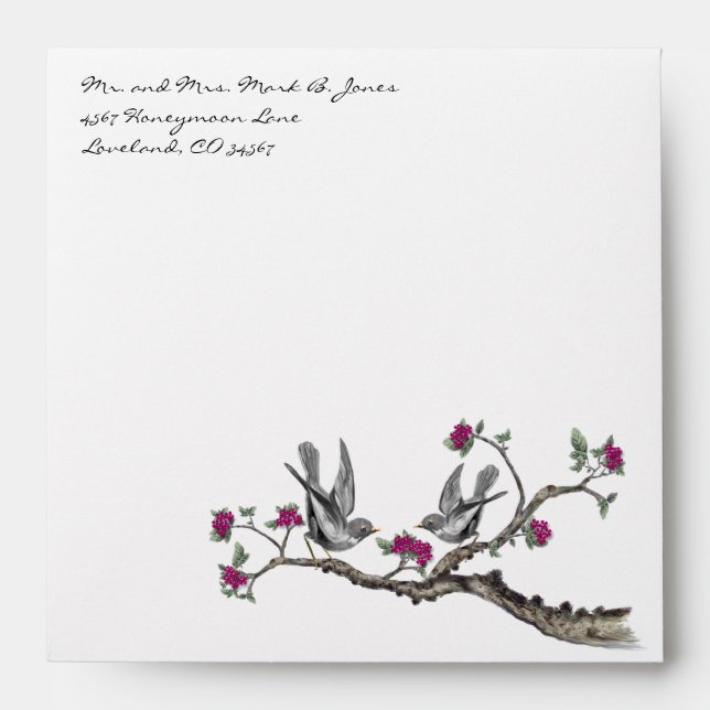 Fuchsia & Grey Vintage Love Birds Flower Envelopes (Front)