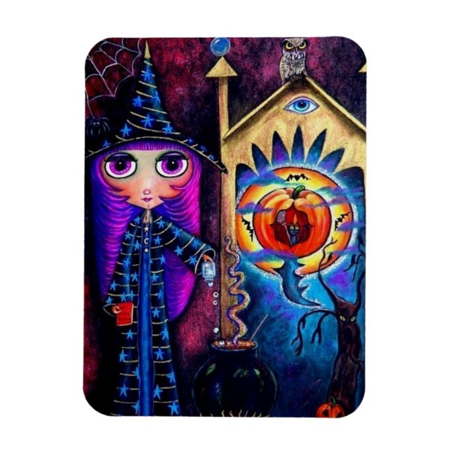 Fuchsia Halloween Witch Alchemy Owl Big Eyes Magnet (Vertical)