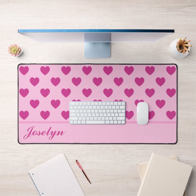 Fuchsia Heart Pattern Handwritten Name Pink Desk Mat (Office 1)