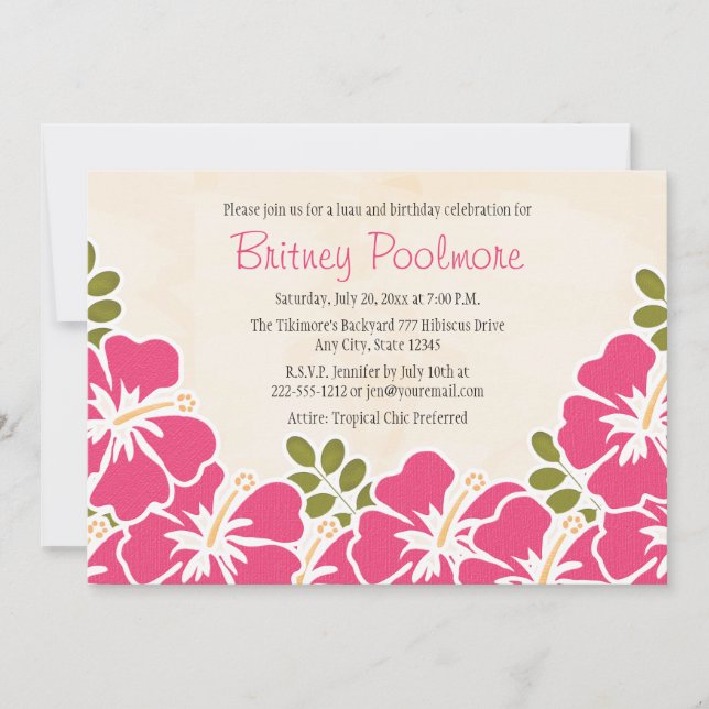 Fuchsia Hibiscus Hawaiian Birthday Party Invitation (Front)