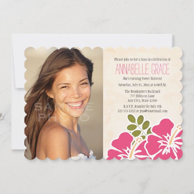 Fuchsia Hibiscus Hawaiian Luau Sweet 16 Photo Invitation (Front)