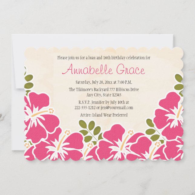 Fuchsia Hibiscus Hawaiian Sweet Sixteen Birthday Invitation (Front)