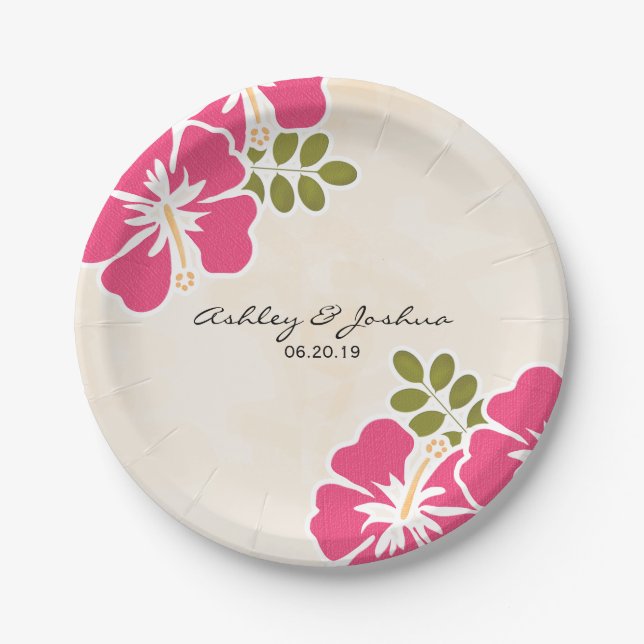 Fuchsia Hibiscus Hawaiian Wedding Paper Plate (Front)