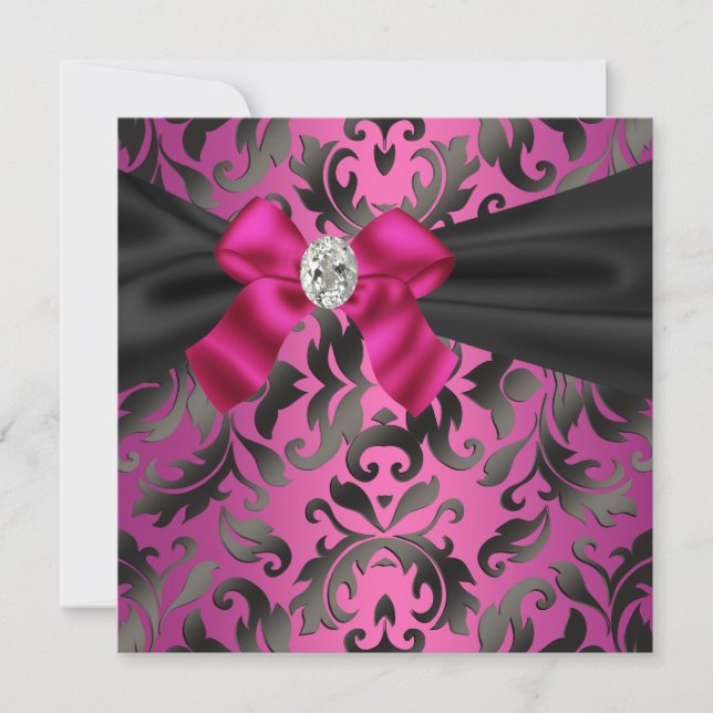 Fuchsia Hot Pink Black Damask Party Invitation (Front)