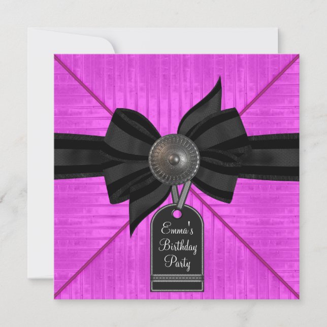 Fuchsia Hot Pink Black Womans Birthday Party Invitation (Front)