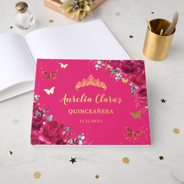 Fuchsia Hot Pink Floral Butterflies QUINCEAÑERA 16 Guest Book (Front Open)