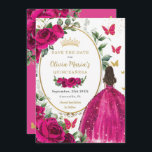 Fuchsia Hot Pink Floral Princess Dress Quinceañera Save The Date<br><div class="desc">Personalise this pretty fuchsia hot pink floral Quinceañera / Sweet 16 birthday save the date easily and quickly. Simply click the customise it further button to edit the texts, change fonts and fonts colours. Featuring a girl dressed in a beautiful glittery fuchsia ball gown, vibrant fuchsia roses, butterflies and a...</div>