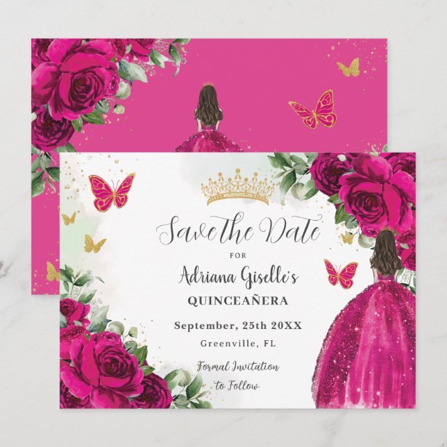 Fuchsia Hot Pink Floral Princess Gold Quinceañera Save The Date (Front/Back)