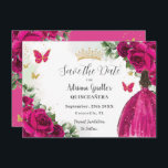 Fuchsia Hot Pink Floral Princess Gold Quinceañera Save The Date<br><div class="desc">Personalise this pretty fuchsia hot pink floral Quinceañera / Sweet 16 birthday save the date easily and quickly. Simply click the customise it further button to edit the texts, change fonts and fonts colours. Featuring a girl dressed in a beautiful glittery fuchsia ball gown, vibrant fuchsia roses, butterflies and gold...</div>