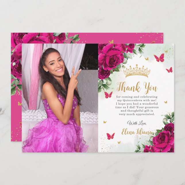 Fuchsia Hot Pink Floral Quinceañera Sweet 16 Photo Thank You Card (Front/Back)