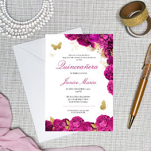 Fuchsia Hot Pink Gold Floral Butterfly Quinceañera Invitation