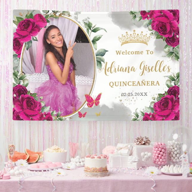 Fuchsia Hot Pink Roses Floral Quinceañera Photo Banner (Party)
