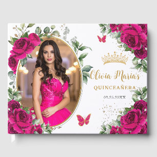 Fuchsia Hot Pink Roses Floral Quinceanera Photo Guest Book