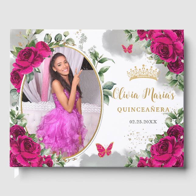 Fuchsia Hot Pink Roses Floral Quinceanera Photo Guest Book (Front)