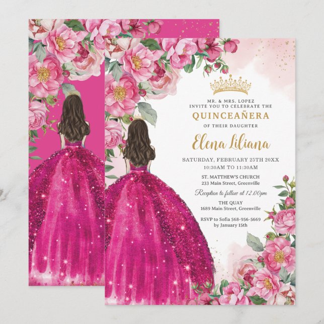 Fuchsia Hot Pink Roses Floral Quinceañera Sweet 16 Invitation (Front/Back)