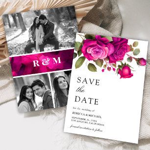 Fuchsia Hot Pink Roses Photo Collage Wedding Save The Date