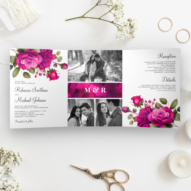 Fuchsia Hot Pink Roses Photo Collage Wedding Tri-Fold Invitation (Creator Uploaded)