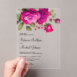 Fuchsia Hot Pink Roses Wedding Acrylic Invitations