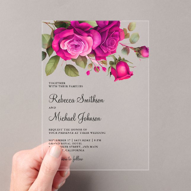 Fuchsia Hot Pink Roses Wedding Acrylic Invitations (Insitu (Handheld))