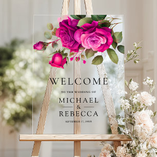 Fuchsia Hot Pink Roses Wedding Welcome Acrylic Sign