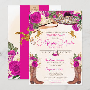 Fuchsia Hot Pink Roses Western Charro Quinceañera Invitation