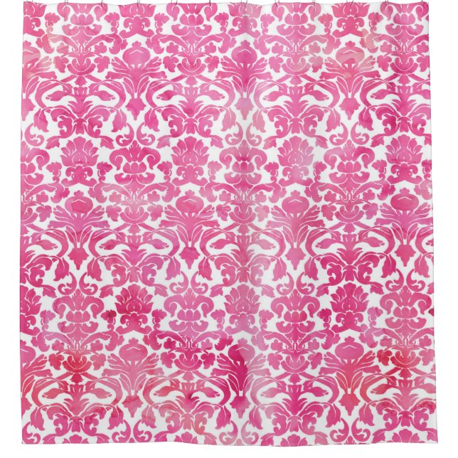 Fuchsia Hot Pink Watercolor Damask Shower Curtain (Front)