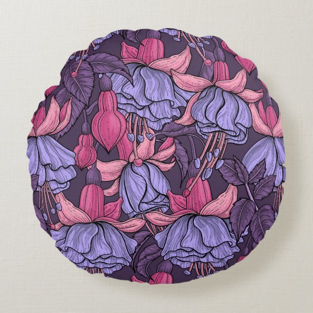 Fuchsia in pink and violet round cushion (Front)