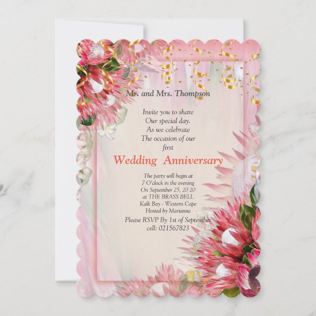 Fuchsia King Protea Flower Bouquets Anniversary Invitation (Front)