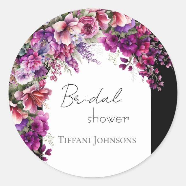 Fuchsia Lavender Floral Arch Bridal Shower Classic Round Sticker (Front)