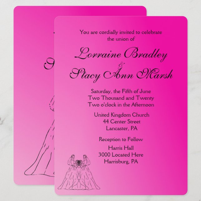 Fuchsia Lesbian Wedding Invitation (Front/Back)