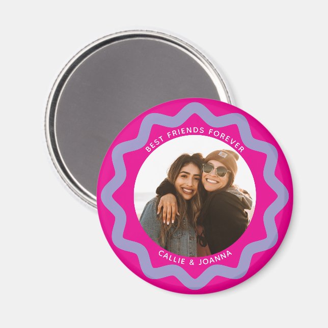 Fuchsia Lilac Wavy Circle Photo Frame with Text Magnet (Front/Back)