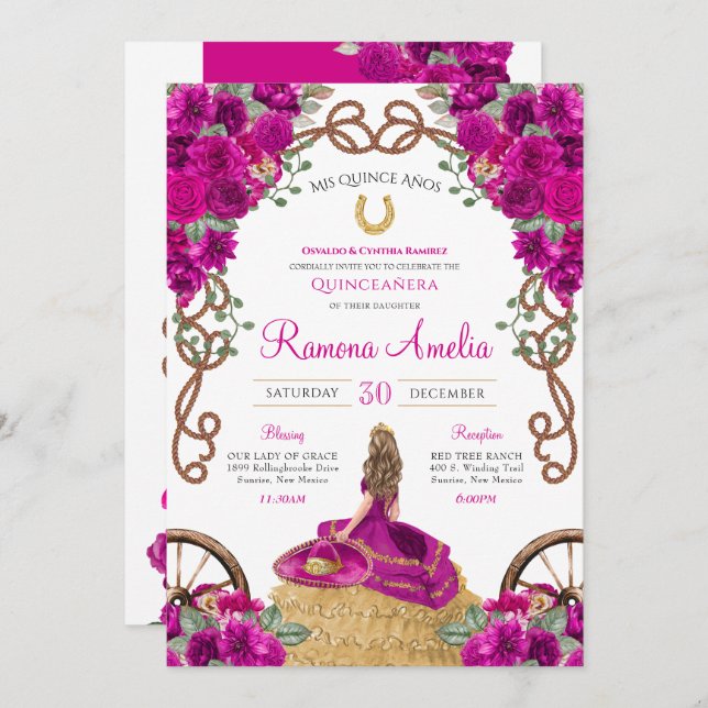 Fuchsia Magenta Floral Western Charro Quinceañera Invitation (Front/Back)