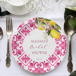 Fuchsia Majolica magenta tiles bridal shower Paper Plate