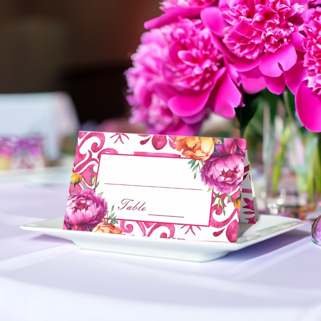 Fuchsia  Majolica tiles magenta wedding Place Card (Fuchsia Majolica tiles magenta peonies wedding Place Card personalized table decor)