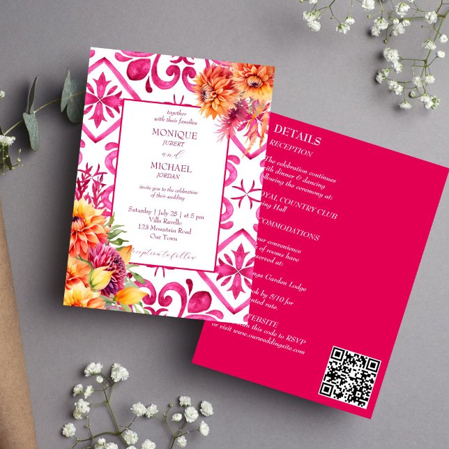 Fuchsia Majolica tiles orange dahlia all in one Invitation (Fuchsia Majolica tiles orange dahlias all in one wedding editable template Invitation download)
