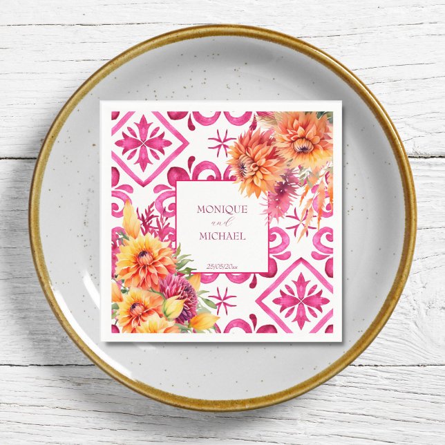 Fuchsia Majolica tiles orange dahlia template Napkin (Fuchsia pink Majolica tiles orange dahlia template Napkins personalized wedding tableware decor)