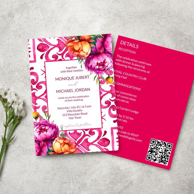 Fuchsia Majolica tiles orange peonies all in one Invitation (Fuchsia Majolica tiles orange pink peonies all in one wedding template Invitation digital download)