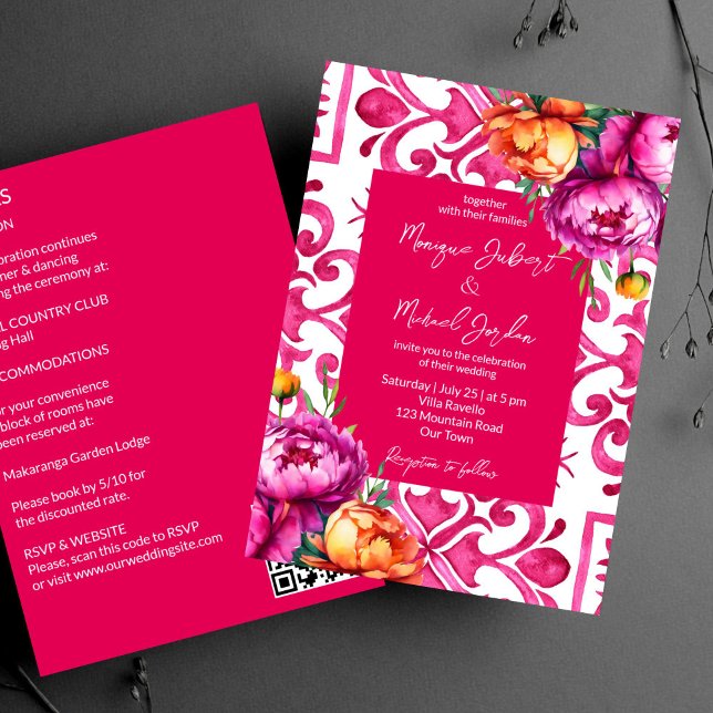 Fuchsia Majolica tiles orange peonies all in one Invitation (Fuchsia Majolica tiles orange pink peonies all in one template Invitation digital download QR RSVP)