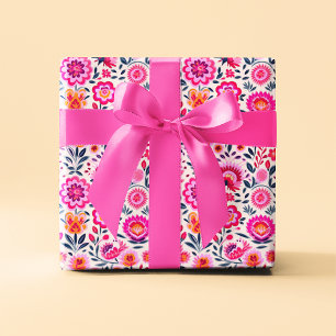 Fuchsia Mexican Flowers Pattern Vibrant Wrapping Paper