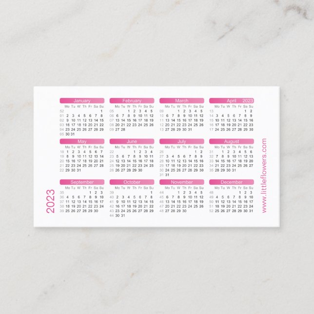 Fuchsia Mini Calendar 2023. Business Card Template (Front)