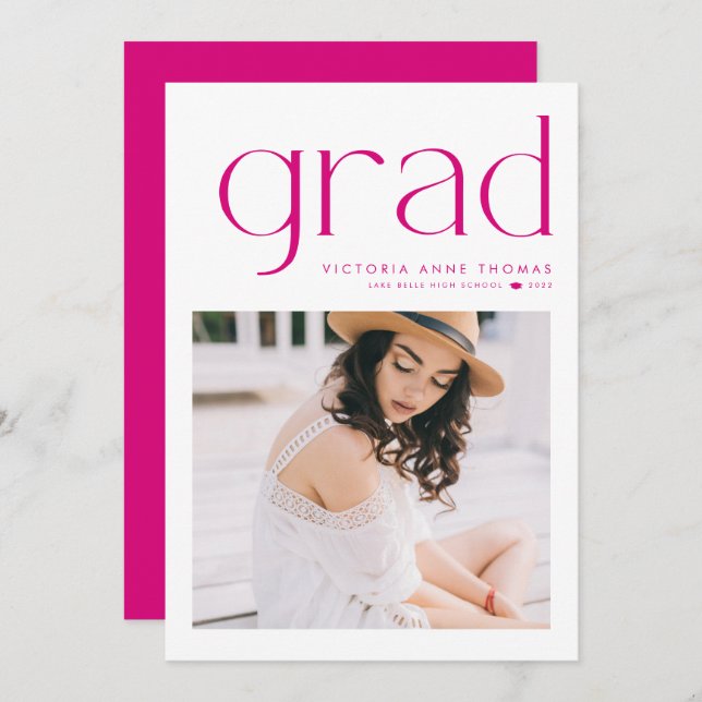 Fuchsia Minimalist Typography Photo Graduation Announcement (Front/Back)