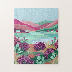 Fuchsia & Mint Highland Loch Puzzle – Gouache Art