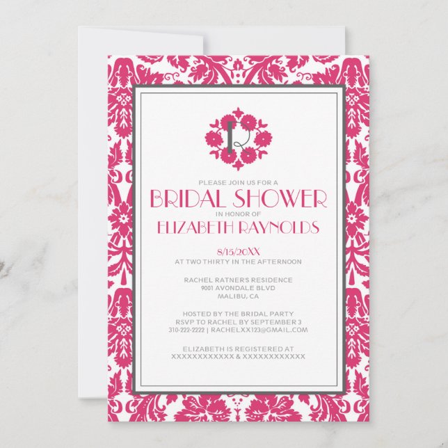 Fuchsia Monogram Damask Bridal Shower Invitations (Front)